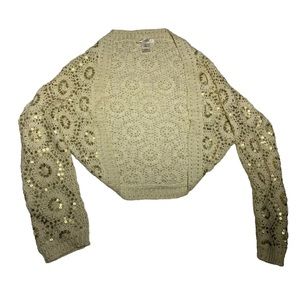 White House Black Market Ladies Sweater size M White Gold Sequins Wrap ramie